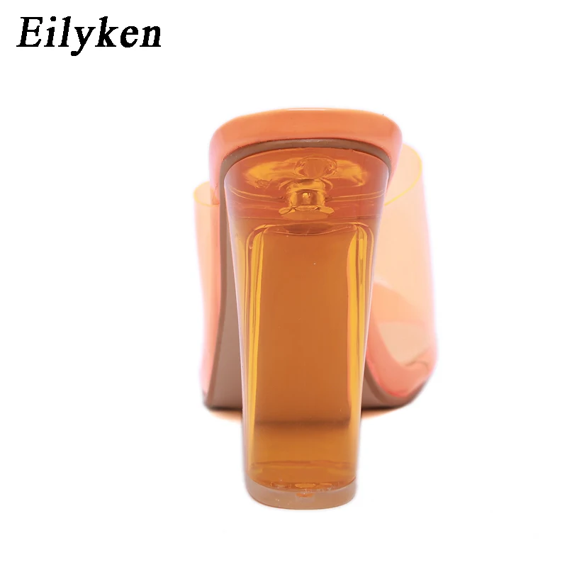 Eilyken г. Модные прозрачные тапочки из ПВХ оранжевого и фиолетового цвета пикантные женские туфли с открытым носком на высоком каблуке, украшенные кристаллами прозрачные шлепанцы на высоком каблуке 11 см Размеры 35-42