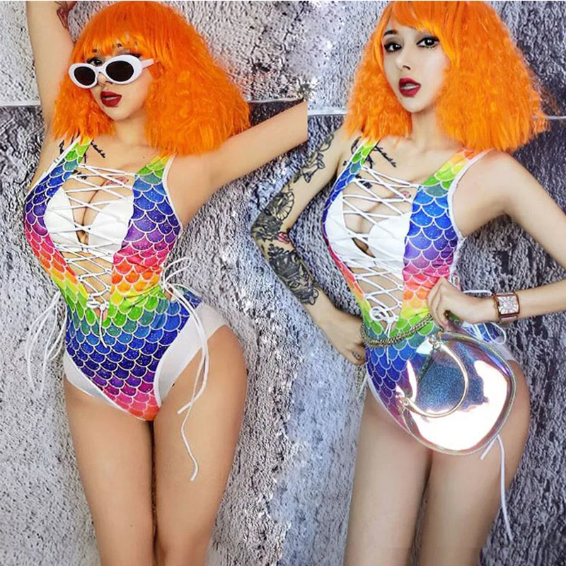 Красочный ночной клуб бар Сексуальный Бандаж боди сценический костюм для танца на пилоне DJ DS певица вечерние Косплей комбинезон S/M/L DWY2413