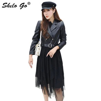 

Genuine Leather Dress Notched Neck Buckle Belted Tiered Layer Hem Mesh Dress Black Solid Women Autumn Elegant Asymmetry Dresses
