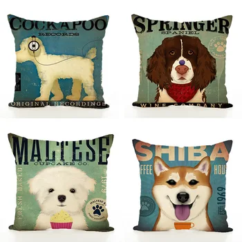 

New Linen Retro Dog Literary Cushion Hug Pillowcase Home Sofa Cushion Cover Bichon Husky Keji Schnauzer Shapi Pillowcase