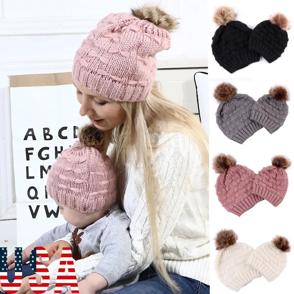 

Pudcoco Winter Casual Women Kids Baby Child Warm Winter Knit Beanie Mom Kids Family Hat Crochet Cap