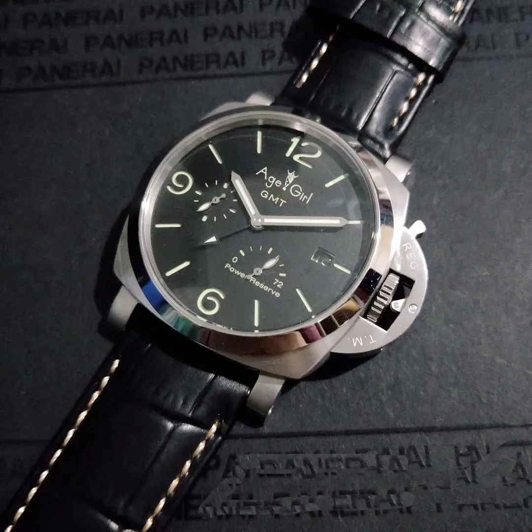 

Luxury Brand New Men Automatic Mechanical Sapphire Stainless Steel Black Leather 1950 3 Days GMT Watch Luminous Power Reserve