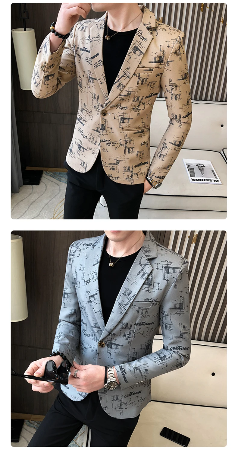 Men Blazer 2022 Spring Fashion High-quality Men Korean Version of The Printed Slim Formal Wedding Party Prom Suit Jacket