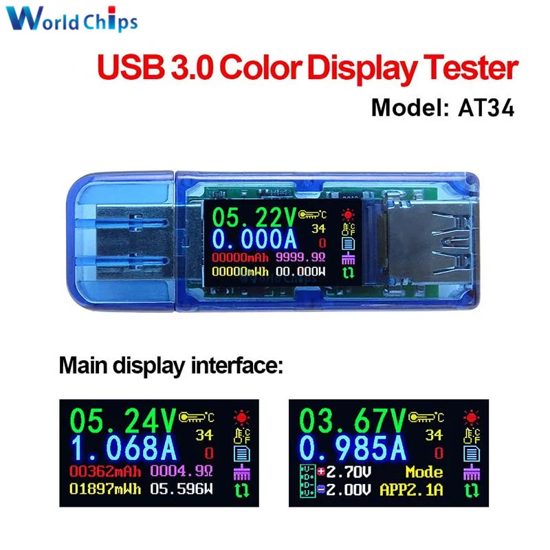 AT34 USB Тестер Вольтметр Амперметр измеритель мощности QC 3 0 быстрое зарядное