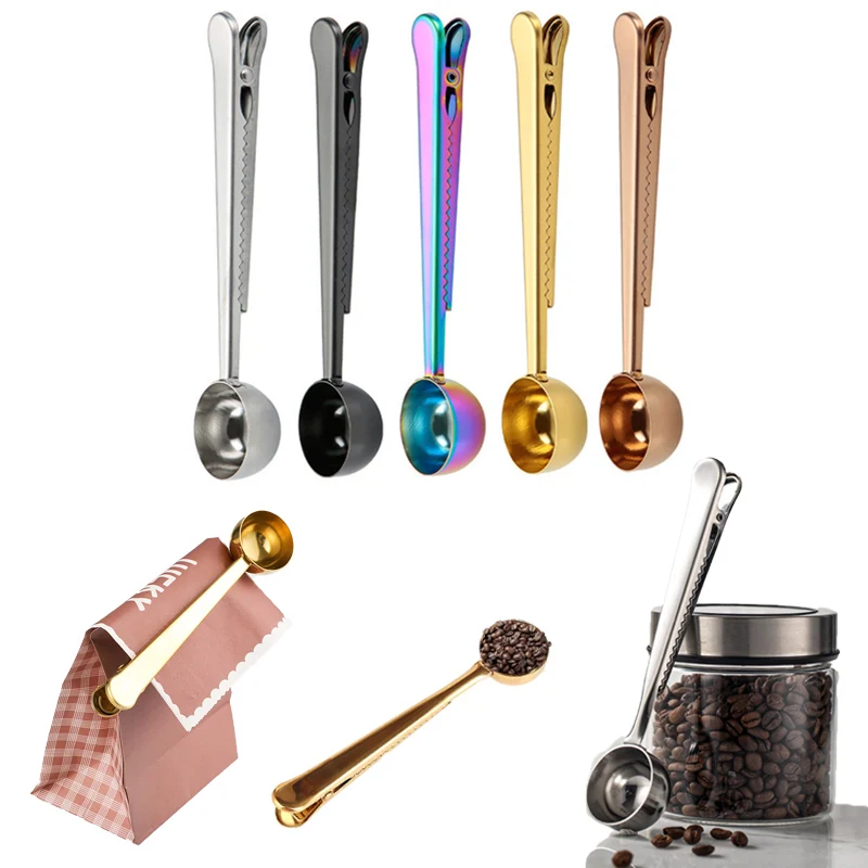

1 Cup Ground Coffee Spoon Two-in-one Stainless Steel Coffee Spoon Sealing Clip Kitchen Accessories Coffee Tea Measuring Scoop