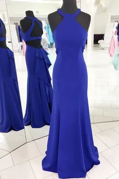

Deep Blue Stretch Fabric Halter Neck Mermaid Evening Dress