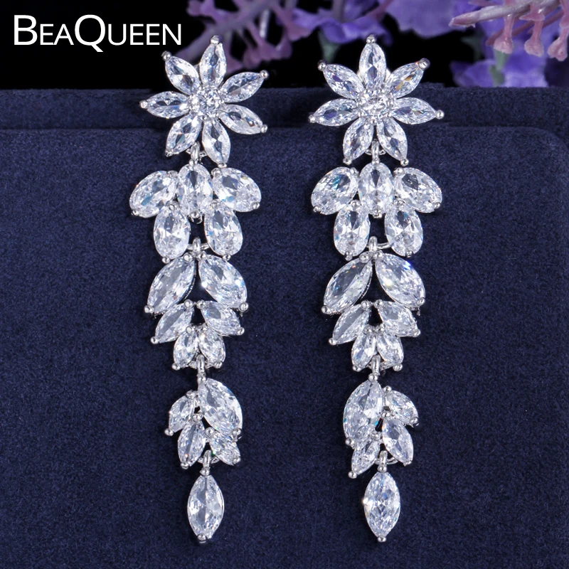 Женские Висячие серьги BeaQueen длинные висячие с цветком и листьями из кубического