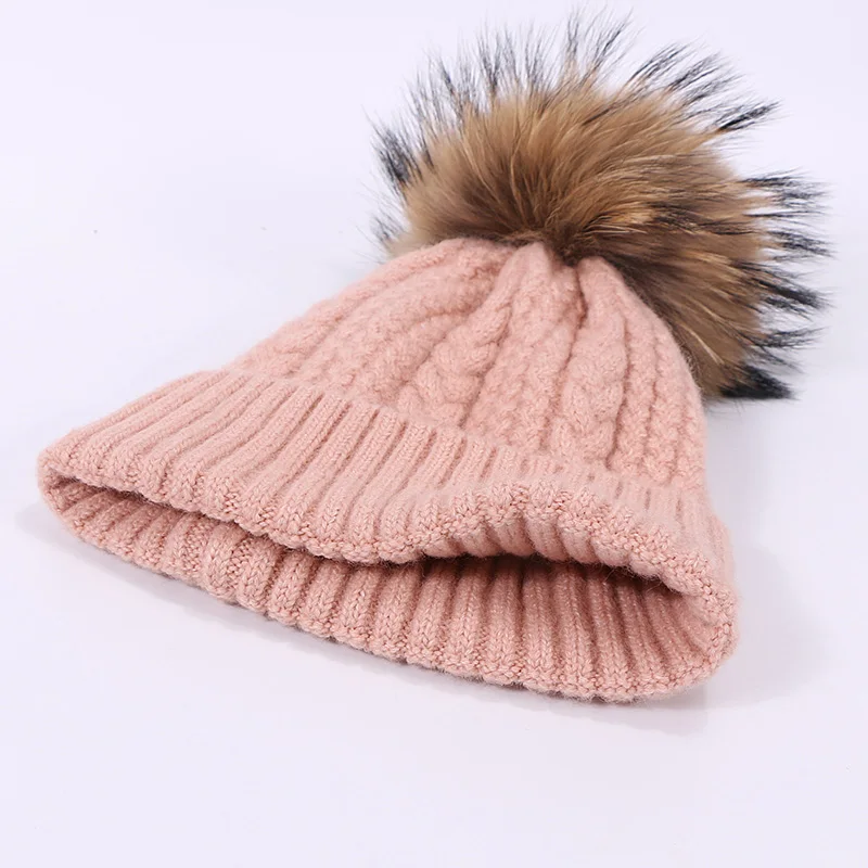Зимняя шерстяная вязаная шапка с помпоном из натурального меха женская теплая хлопковая шапка уличная Толстая Повседневная однотонная женская шапка черепки шапочки