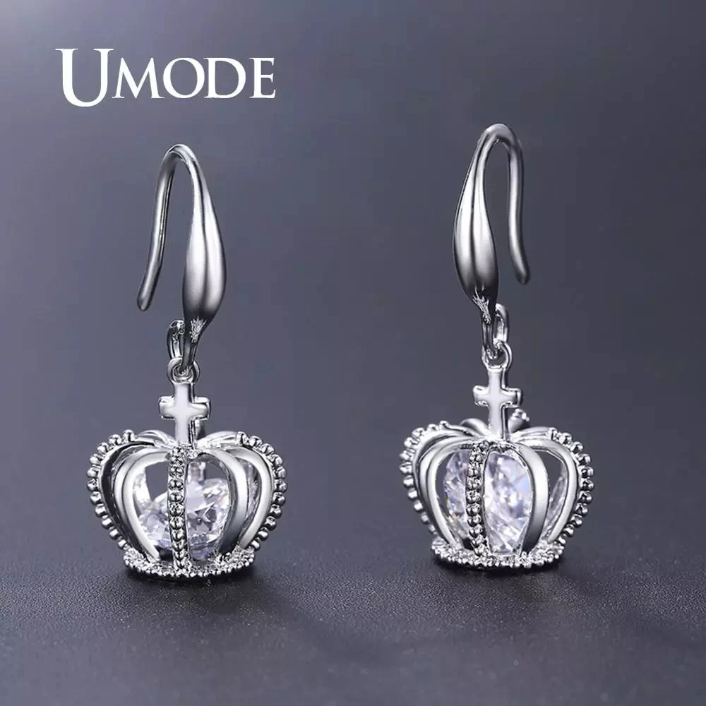 

UMODE Cross Drop Earring for Women Crown Dangle Earrings Clear Cubic Zircon Jewelry Girl Wedding Bridal 2019 New Fashion UE0466