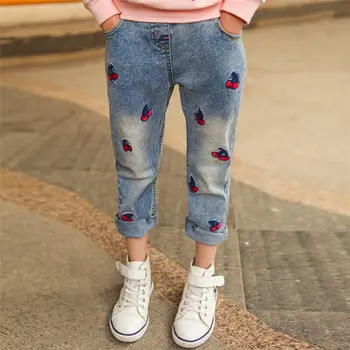 

2020 Fashion Kids Baby Girl Denim Trousers Elastic Waist Pencil Pants Spring Fall Children Girl Cherry Embroidery Pants 2-7Y