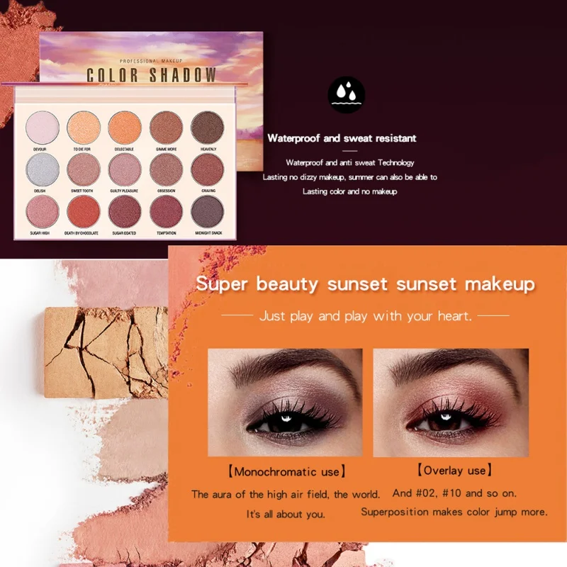 Waterproof Eyeshadow Palette Set Dusk Sunset Natural 15 Color Makeup Eyeshadow Palette
