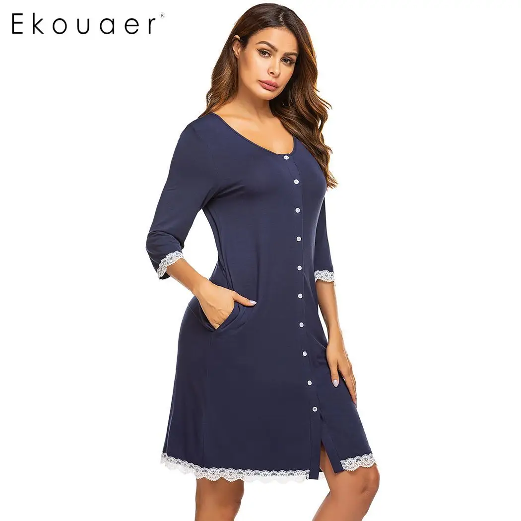Ekouaer, Женская кружевная ночная рубашка, осенняя одежда для сна, платье, 3/4 рукав, однобортное, кружевное, лоскутное, для грудного вскармливания, ночная рубашка, ночные рубашки