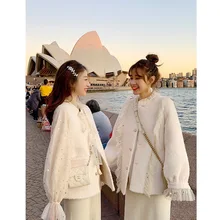 Стиль знаменитостей, г. Осенне-зимняя Милая верхняя одежда на шнуровке с длинными рукавами, корейский стиль, трендовая белая газовая кофта с расклешенными рукавами