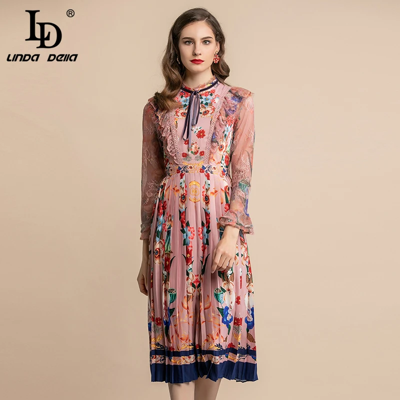 LD LINDA делла Осенняя мода подиум элегантное платье женское кружевное с длинным рукавом винтажное с цветочным принтом плиссированное платье миди