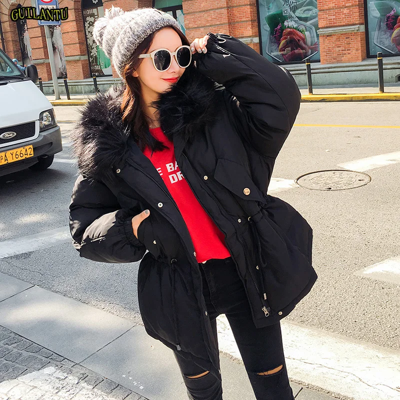 

2019 Big Fur Hooded Coat Female Winter Down Cotton Padded Jacket Outwear Women Large Size Loose Short Parkas Mujer Invierno