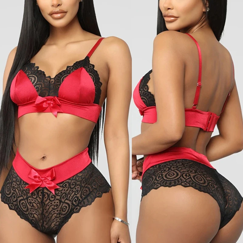 underwear sets sale Red Satin Bowknot Bra Set Women Lace Floral Nightwear Sexy Lingerie Set Seamless Push Up Bra Panties Set Sexy Crop Top Underwear underwear sets sale