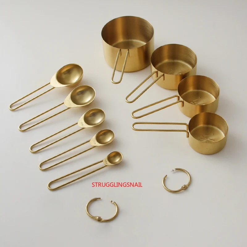 US $21.92 4PcsSet Gold Stainless Steel Measuring Cups And Measuring Spoon Scoop Set Wooden Handle Kitchen Measuring Tool For Baking