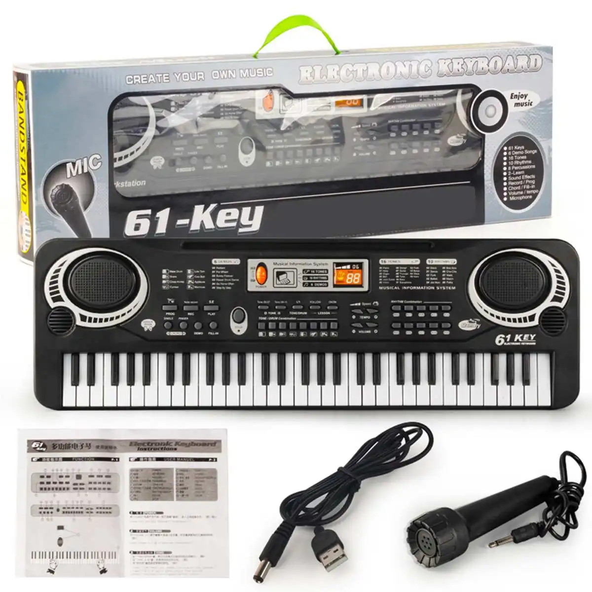 61 Ключ USB/US/EU вилка Цифровая музыка фортепиано с электронной клавиатурой с микрофоном пластиковый черный Ранний Образовательный инструмент подарок для детей - Цвет: USB