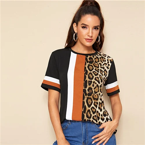 SHEIN Color Block Cut-and-Sew Leopard Panel Top Short Sleeve O-Neck Casual T Shirt Women Summer Leisure Ladies Tshirt Tops - Цвет: Multicolor3