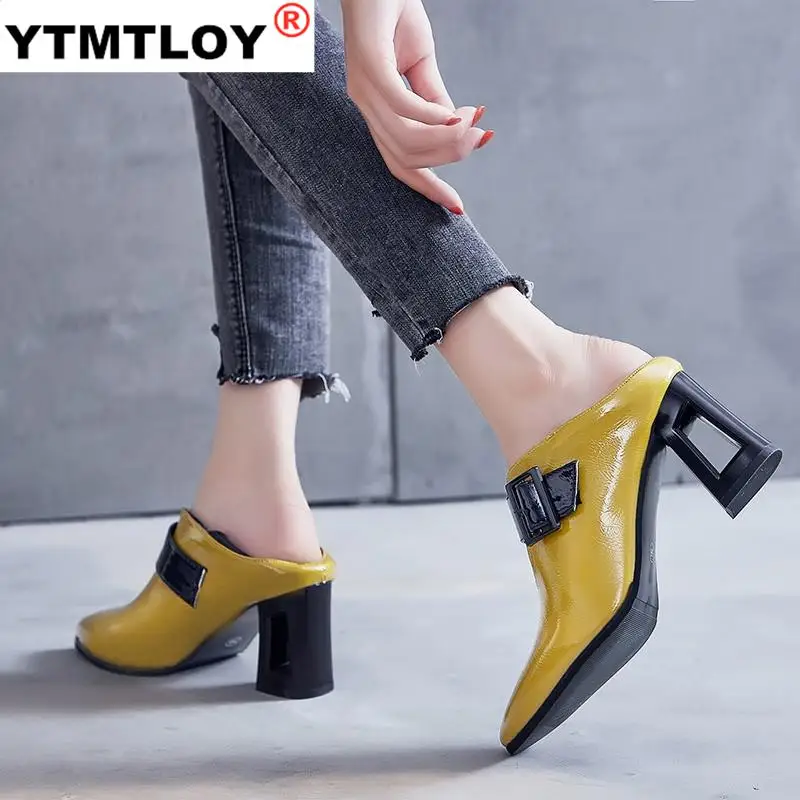 High Heels Women Pumps Natural Buckle Fretwork High Heel Shoes Pointed Toe Shoes Lady Gladiator Square Heel Casual Yellow Shoes