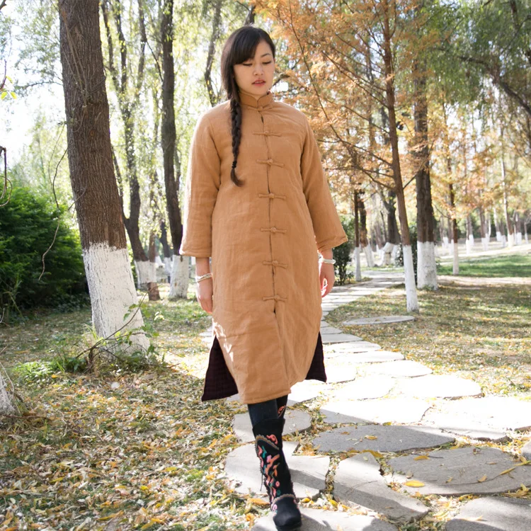 

2019 New Style WOMEN'S Dress Literature And Art Flax Long Cotton-padded Jacket Slim Fit Chinese Button Knots Retro Women Coat