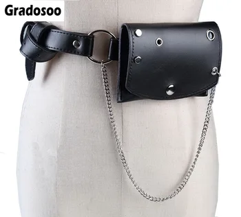 

Gradosoo Women PU Leather Waist Pack Fashion Chain Design Belt Bag Punk Women Brand Mini Hip Bag Small Coin Money Bag A042