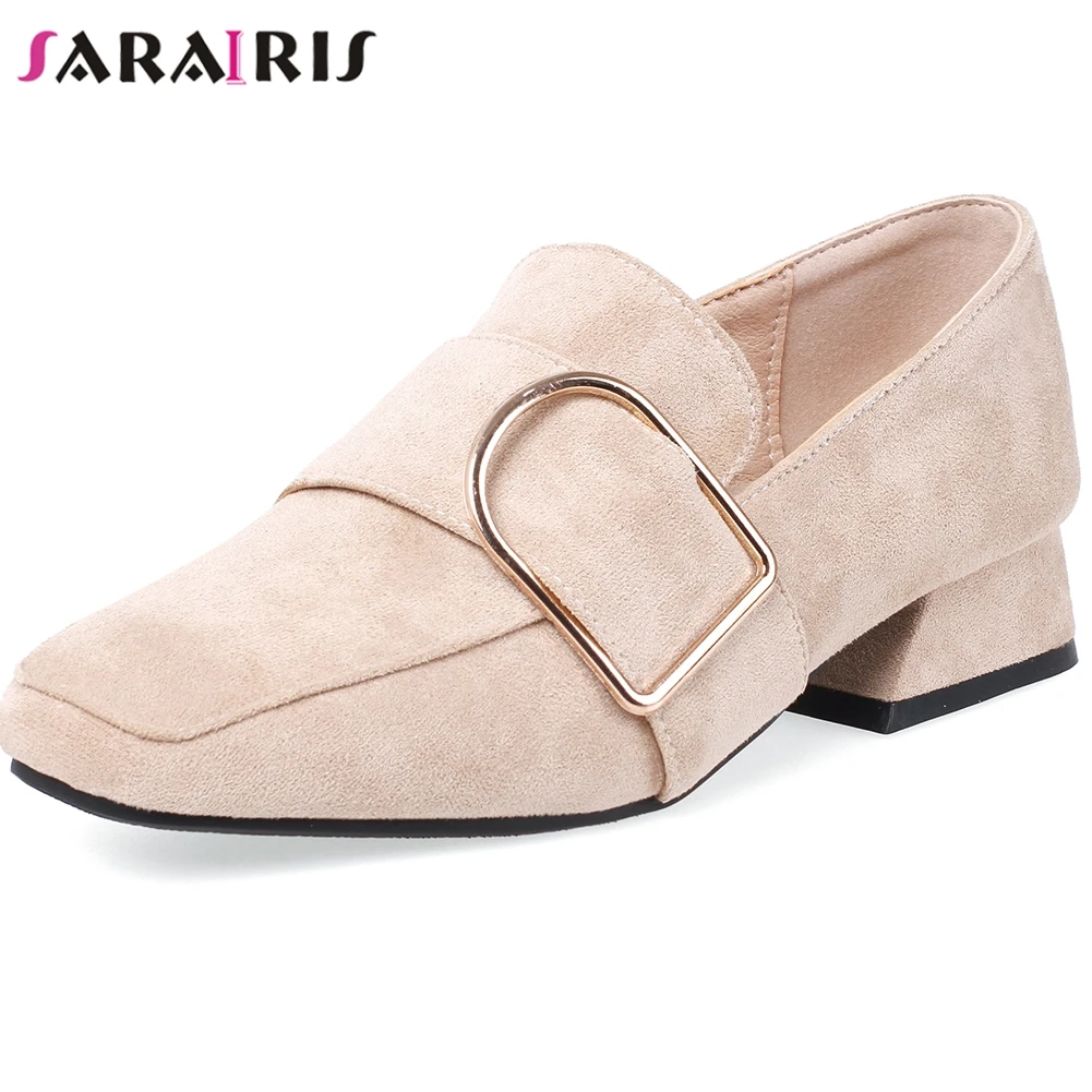 SARAIRIS Hot Sale Female Office Fashion Square Toe Pumps Med Chunky Heel Women Elegant Buckle Decorating Shoes Woman | Обувь