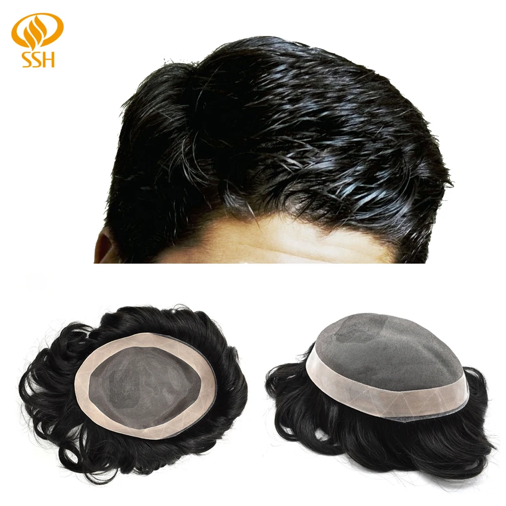 

SSH Remy Human Hair Fine Mono Men's Toupee Poly coating Human Hair Wigs Durable Hairpieces Systems