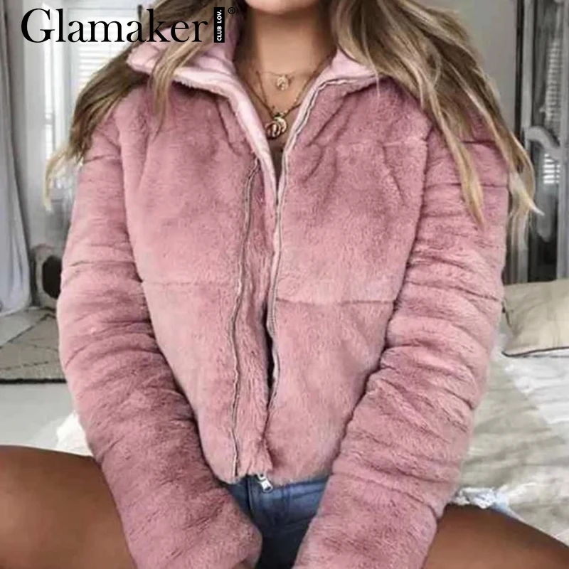 amazing  Glamaker Turndown collar faux fur jackets Women long sleeve zipper elegant coat Female autumn winte