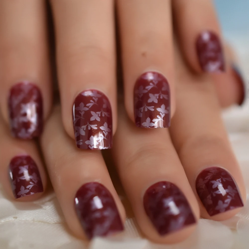 Квадратные ногти среднего размера с рисунком бордовые красные цветы Листья Лист красивые накладные ногти наклейка на спине предварительно разработанные ногти