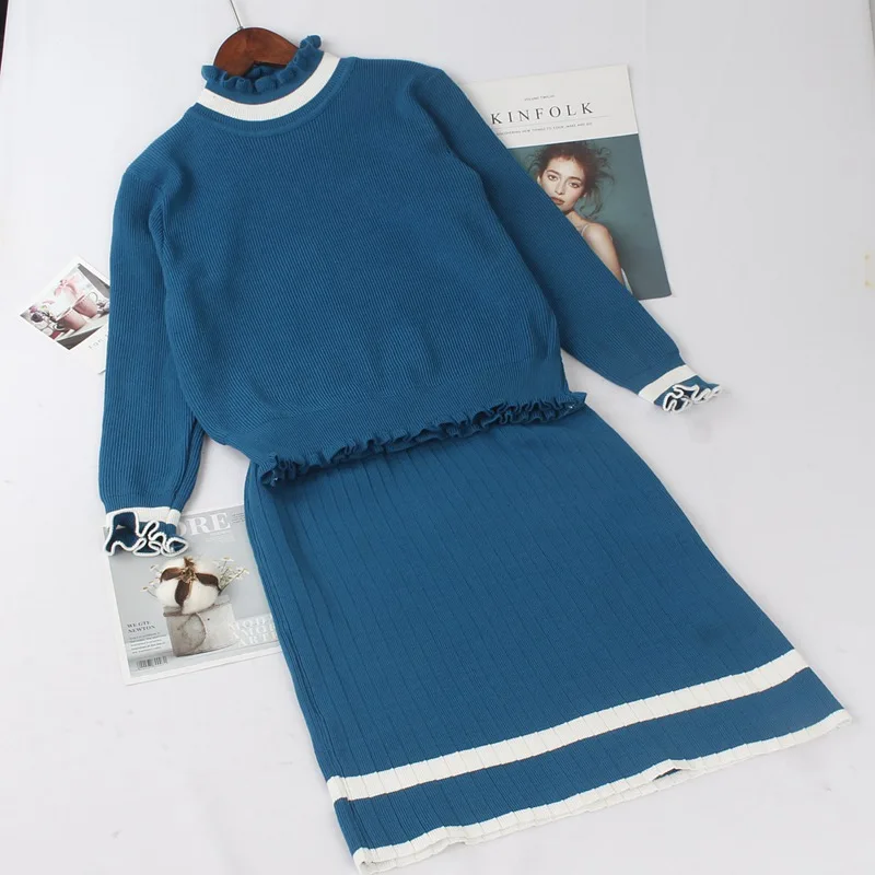 GIGOGOU осень зима женский свитер Костюмы и комплект повседневные трикотажные свитеры юбки 2 шт. костюмы Женская юбка+ Джемперы комплекты верхней одежды - Цвет: Blue G991