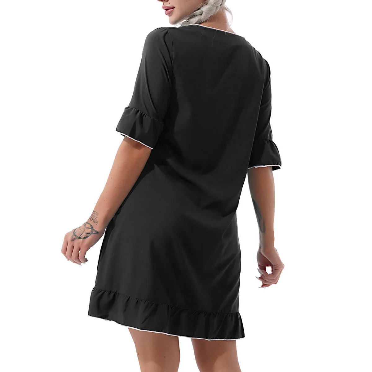 Women Nightdress Turn-down Collar Half Sleeve Ruffled Nightgowns Casual Homewear Nightwear