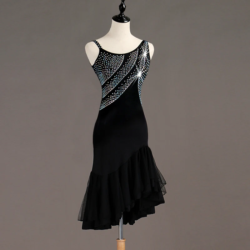 Платье для латинских танцев для взрослых и детей блестящее черное платье с бриллиантами платья для латинских танцев для спортивных танцев