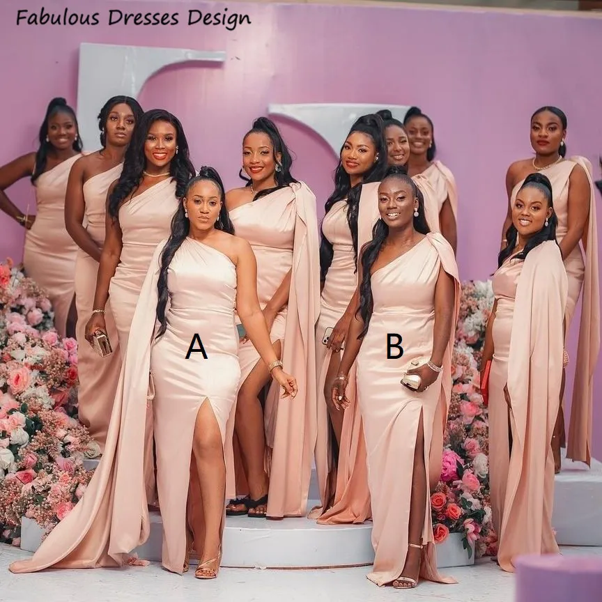 

Dusty Pink One Shoulder Bridesmaid Dresses With Split Long Mermaid Streamer Maid Of Honor 2023 African Women Wedding Party Dress