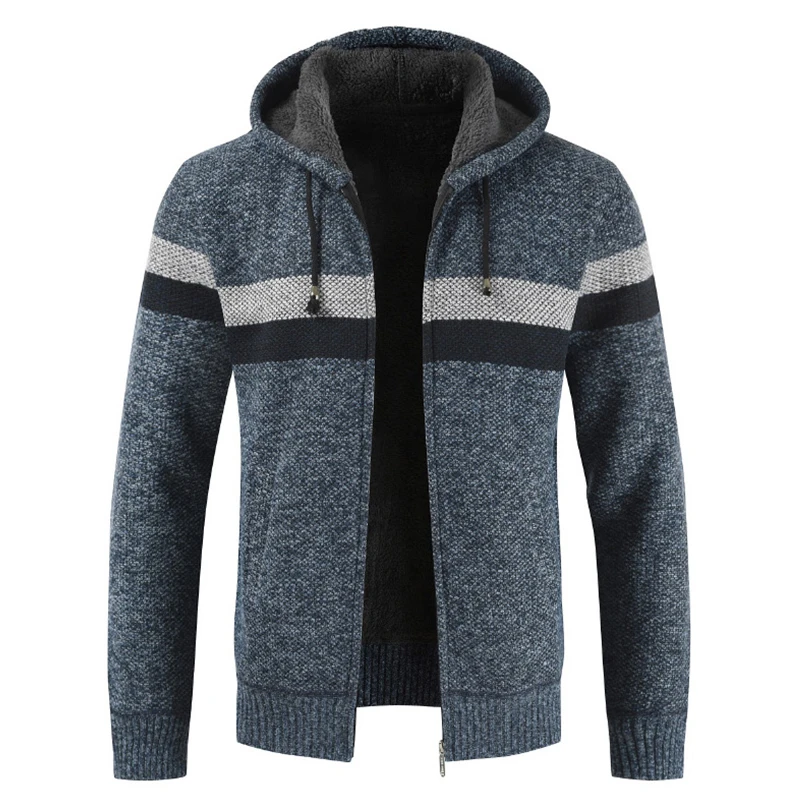 WENYUJH Fashion Sweater Coat Men Thick Warm Hooded Cardigan Men Striped Long Sleeved Zipper Fleece Coats Men 2019 New Winter