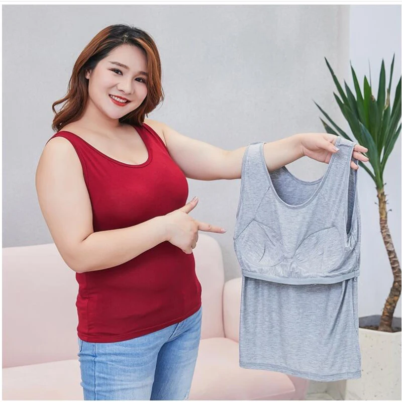 

Women Tank Tops Summer Vest Thin Modal Cotton Wireless Built-in Bra Padded Gym Workout Large Size 6xl 5xl Red Black White