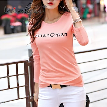

Cotton T-shirt Women 5 Colors Slim Fit Stretchy Letters Print Spring Autumn Casual T shirt Tops Tee Women Clothing Female T01605
