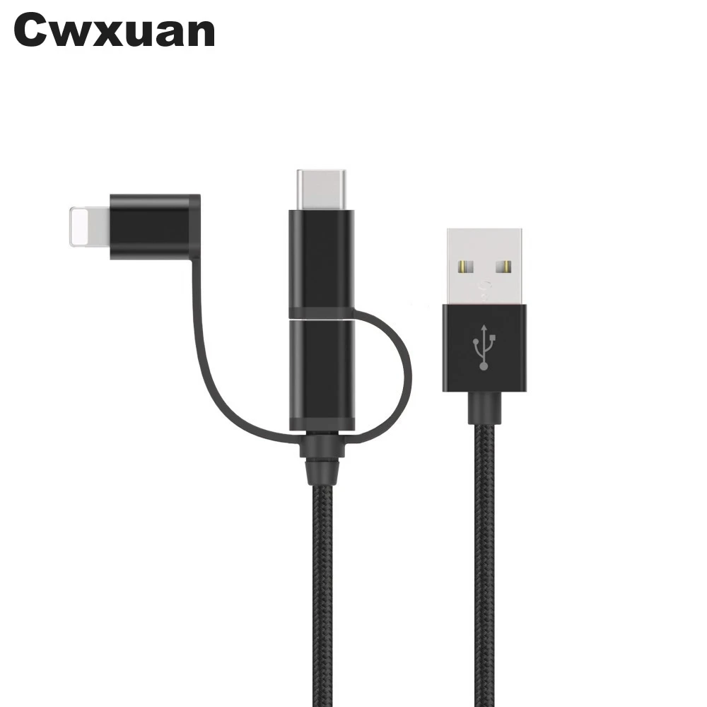 Cwxuan 3 в 1 Micro USB/Тип-C/8 Pin для зарядки и синхронизации данных Кабель-100 см