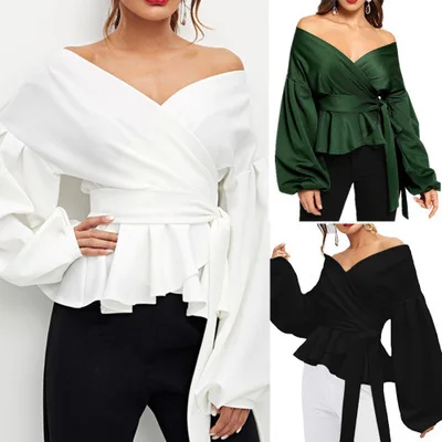 2020 Women Casual Solid Color Shirt V-Neck Long Sleeve Wrinkle Top Off-shoulder Tunic Lace-up Clothing T-Shirt 3Colors