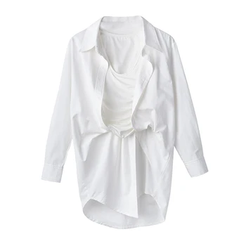 

DEAT 2020 New Spring And Summer Turn-down Collar Full Sleeves Pleated Two Pieces White Shirt Dress Female WL9610