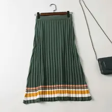 Зимняя Гибкая эластичная юбка миди с высокой талией, плиссированная полосатая трикотажная юбка для женщин, зеленые черные женские юбки saia saias