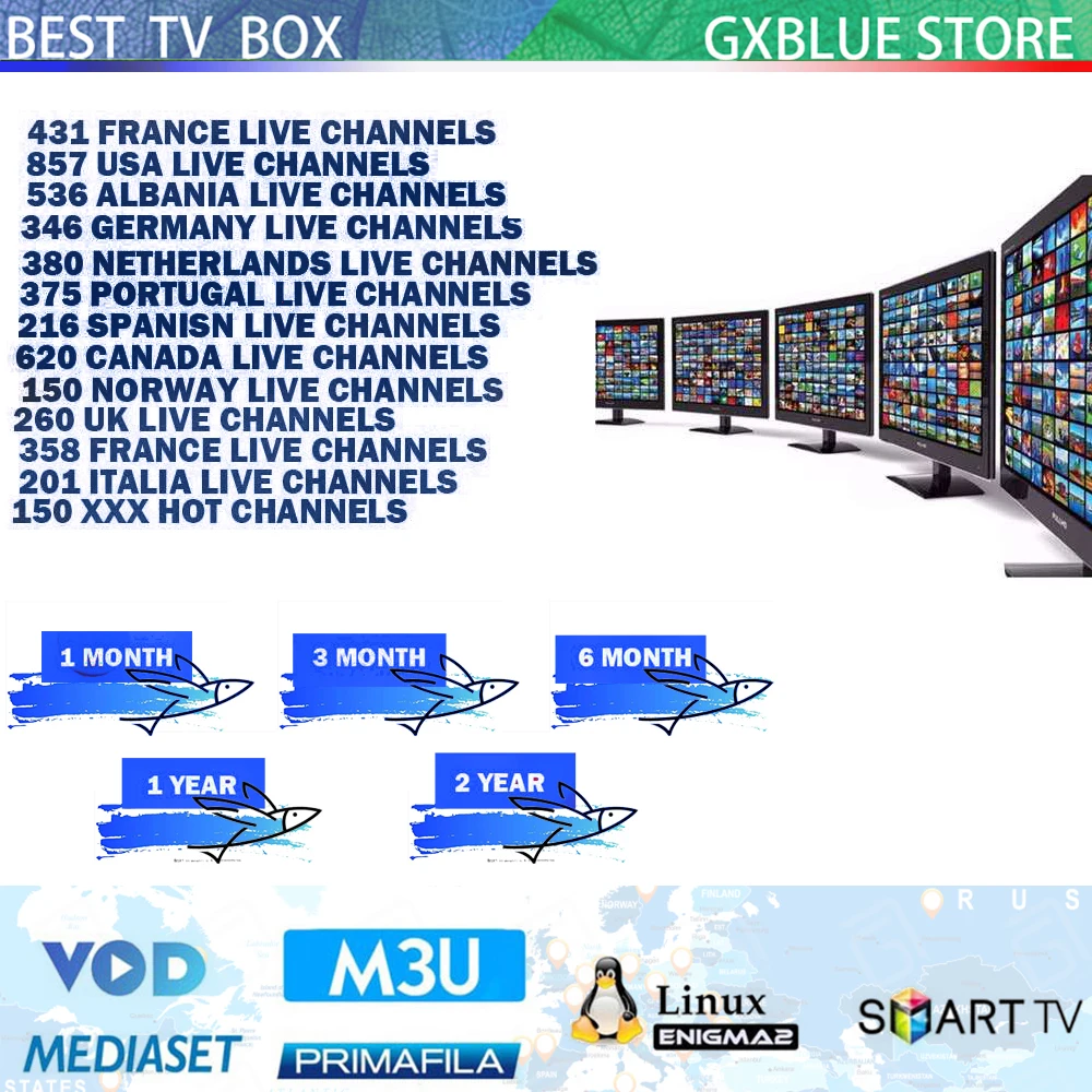 

GXBLUE European 9000Channels IPTV Subscription France Netherlands Portugal Albania UK Canada Adult IPTV M3U Smart Android TV box
