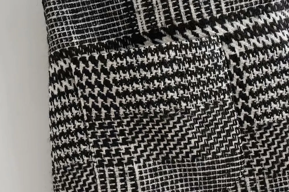 QZ1100 European Design Double Pockets Black White Vintage Houndstooth Wool Blends Skirt Autumn Saias