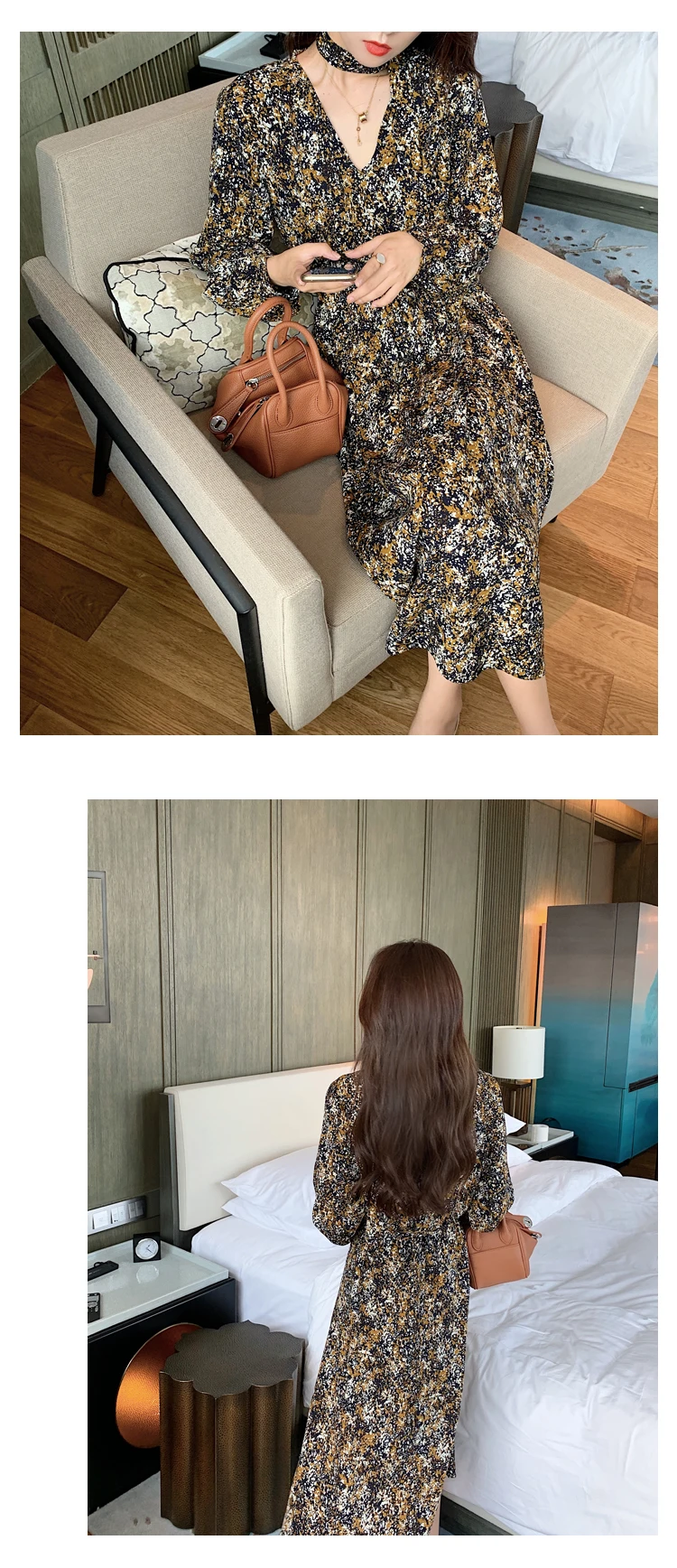 Vintage Print Holiday Boho Dress Women Long Sleeve Robe Femme Autumn Beach Sundress Korean Ladies Fashion Long Dress Vestidos