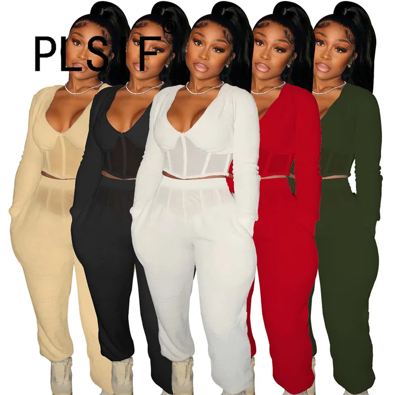 Women Long Sleeve V-Neck Stitching Jacket Elastic Waist Harlan Pocket Pants Street Fashion Solid Color Trousers Set Autumn |
