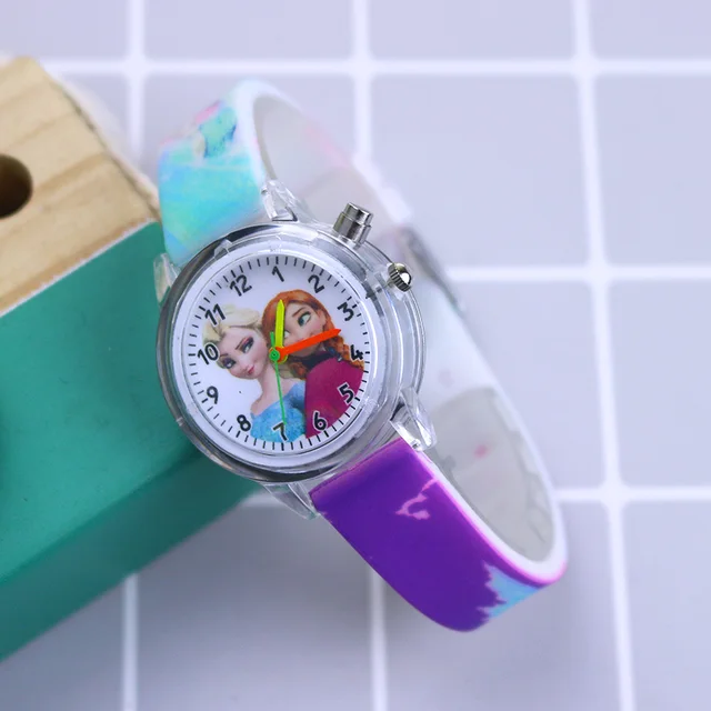 Disney Princess Elsa Kids Watches Girls Silicone Strap Cartoon Rabbit Dinosaur Light Children Wrist Watch Clock reloj infantil Girls Purple