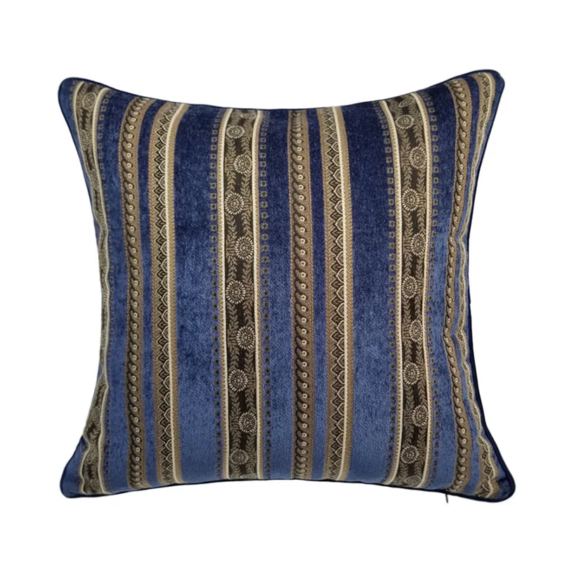 

Vintage Classic Soft Heavy Chenille Blue Black Stripes Pipping Square Pillow Case Sofa Cushion Cover 45 x 45 cm Sell by piece