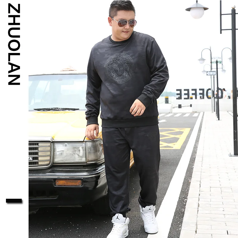 

Large Size MEN'S Suit Fat Extra Large Crew Neck Tops Trend of Fashion Two-Piece Set