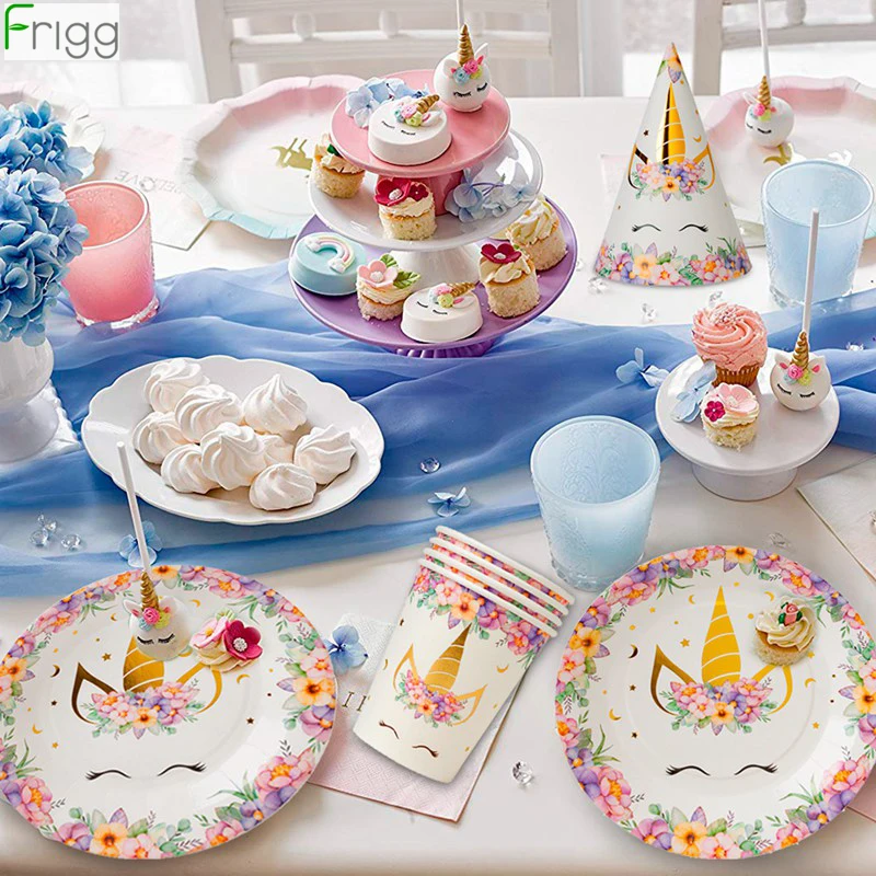 Frigg одноразовая посуда с единорогом, бумажные тарелки, чашки с единорогом, декор для вечеринки на день рождения, Детские принадлежности для вечеринки, для девочек