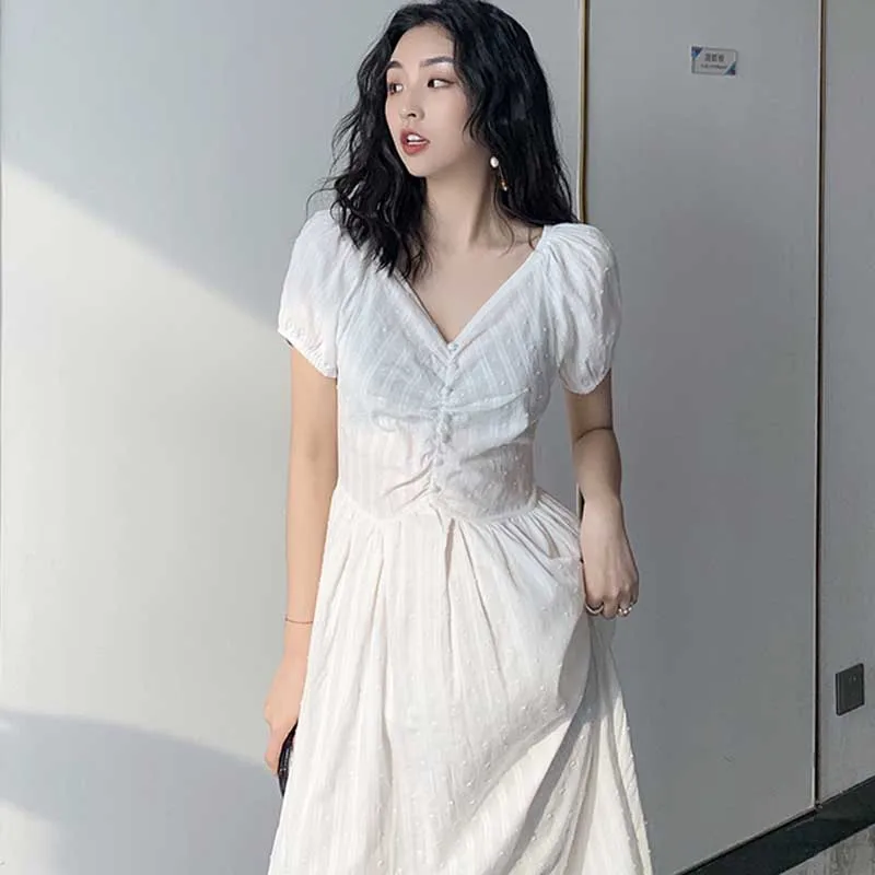 Women Dress One-Piece French Vintage Chiffon Elegant V-Neck Puff Sleeve Dress Korean Fashion Sundress Female Dress Vestidos 2020